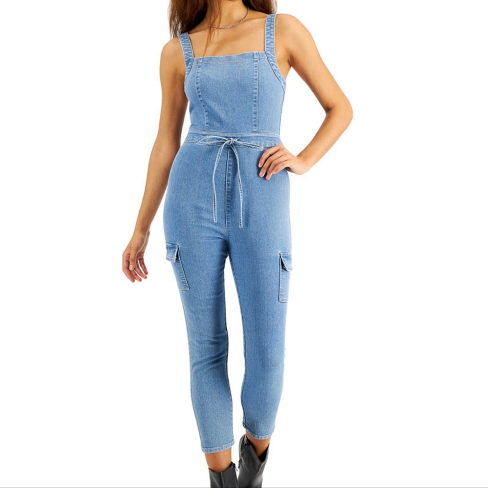 New Junior's Belted Denim Jumpsuit With Ruffler. Light Wash Color 20" pit to pit - Picture 3 of 10